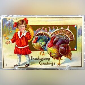Thanksgiving Greetings Girl in Red Dress Tom Turkey Vintage Embossed Postcard